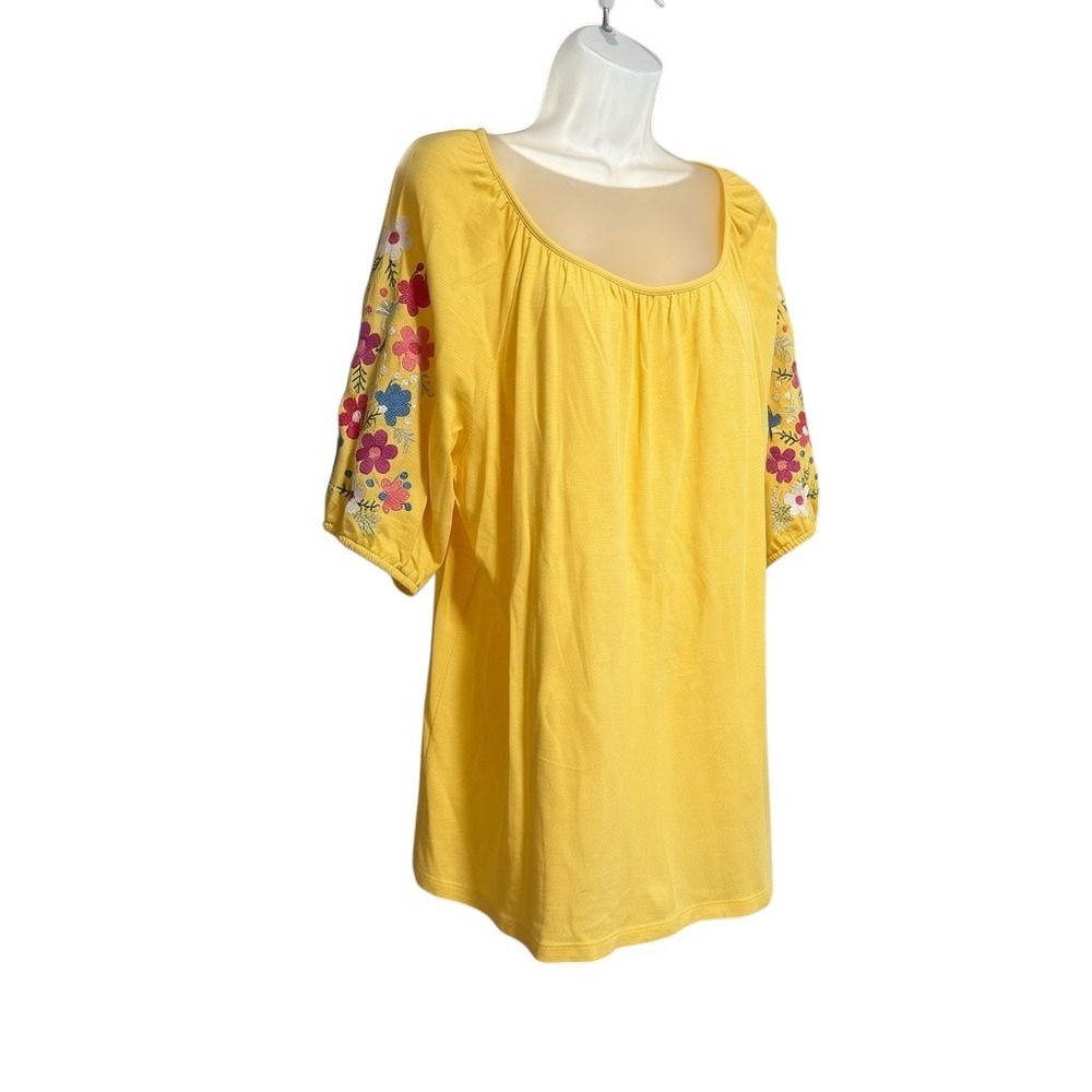 Talbots Embroidered Floral Top Womens XLP Yellow Excellent Boho Slub Knit‎
